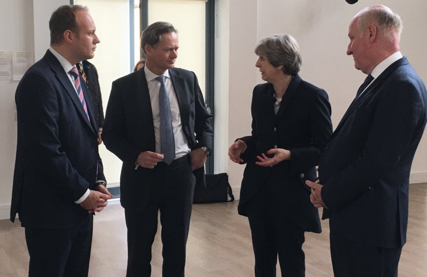 Cllr Dan Thomas, Matthew Offord, the Prime Minister and the Leader of the Council discuss housing policy