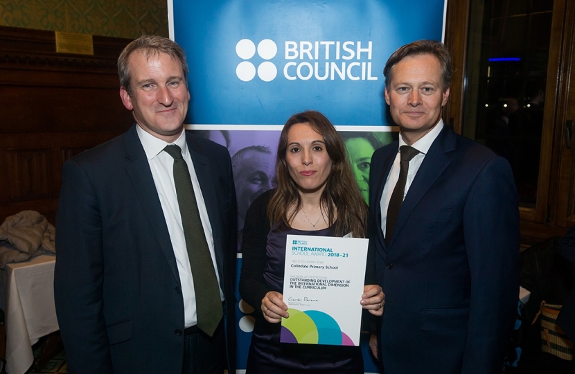 Matthew Offord pictured with Secretary of State for Education Damian Hinds and staff from Colindale Primary School