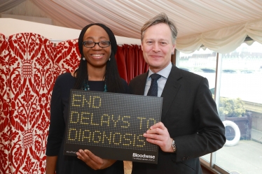 Matthew with Hendon constituent at Bloodwise event in Parliament